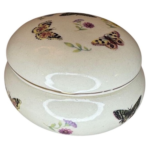 Vintage Other - Vintage Butterfly‎ Floral Ceramic Trinket Box Cream Porcelain Jewelry Jar 4"